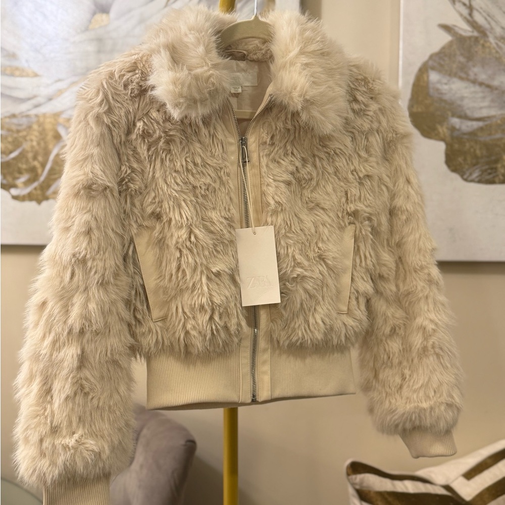 Zara Faux Fur Bomber NWT Jacket Ecru 3046/028/712 Cream XS mob wife old money - Picture 17 of 17